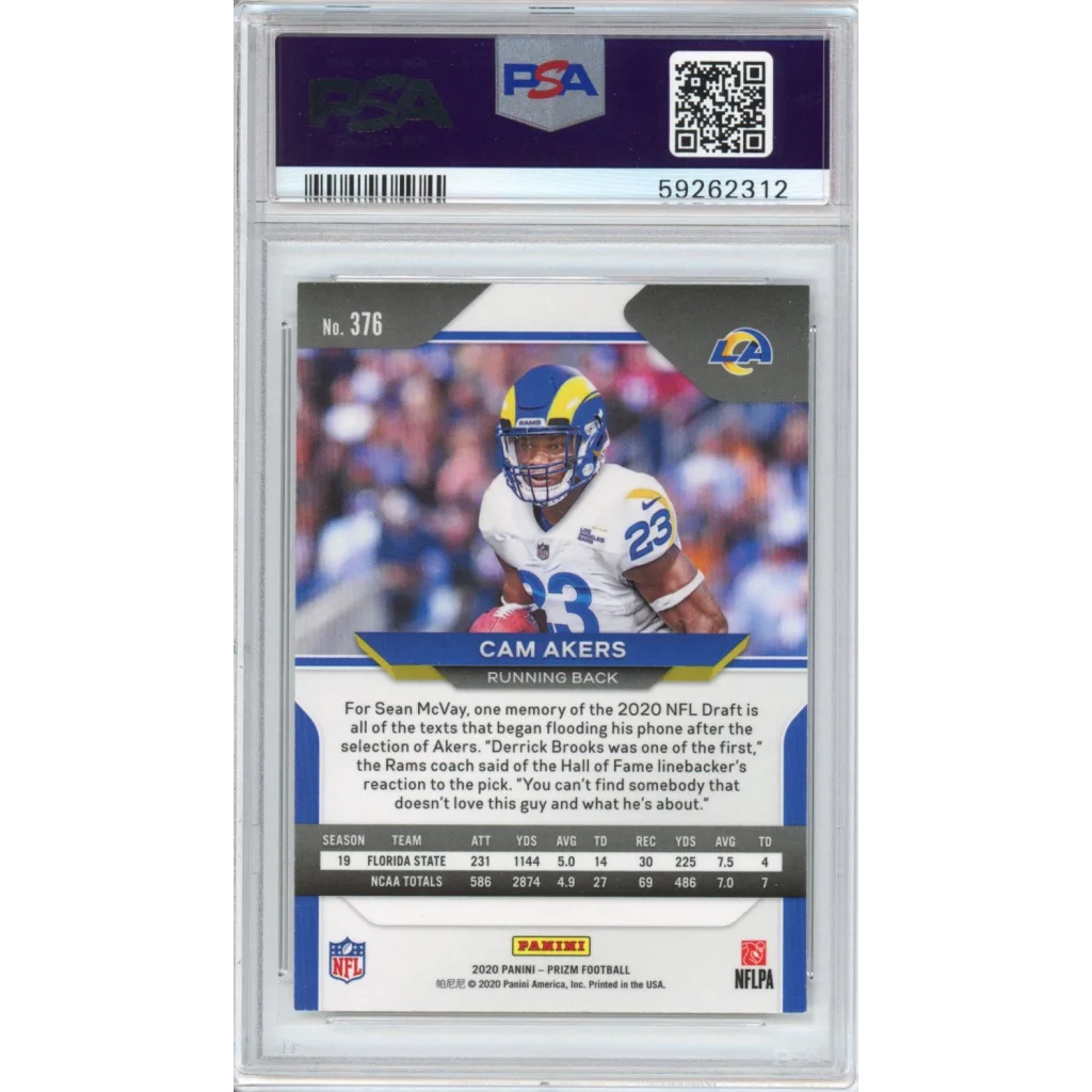 A graded Panini Prizm Cam Akers rookie card from 2020 in a PSA case