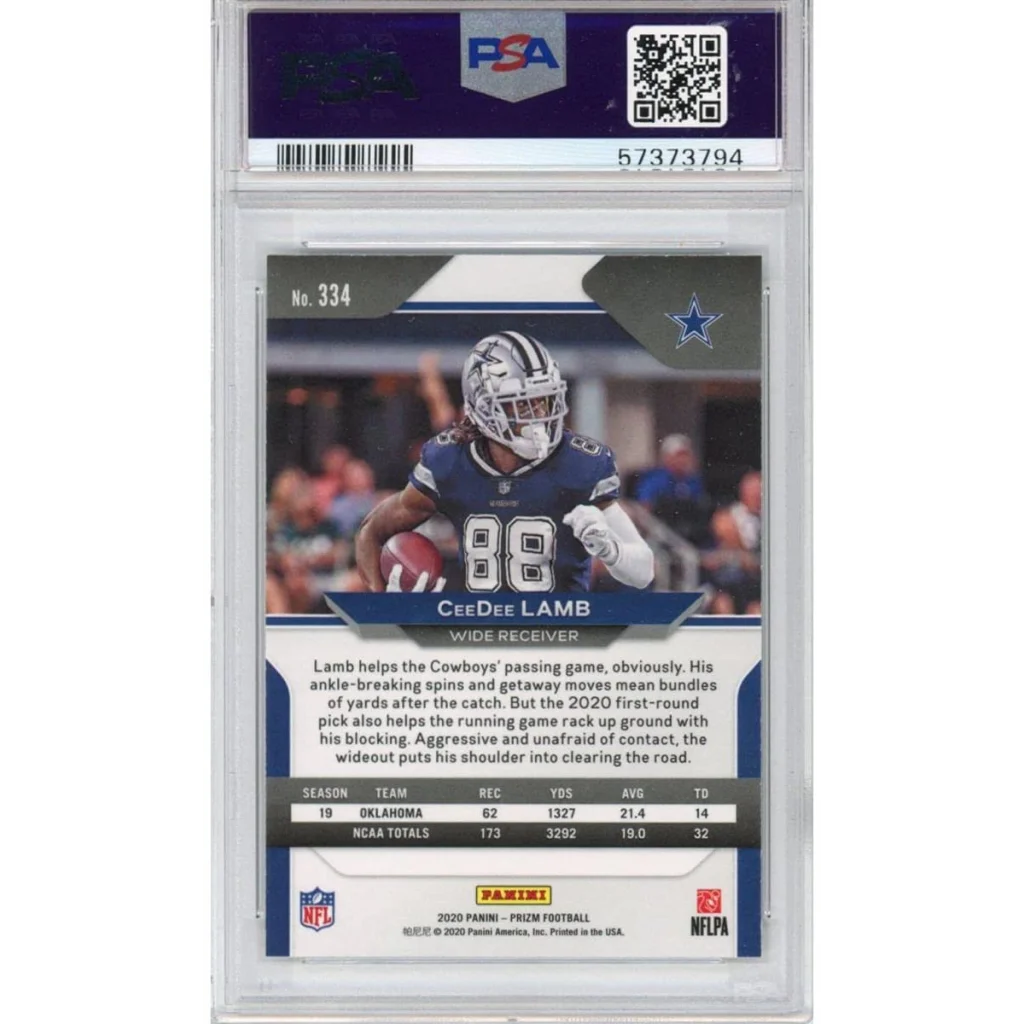 Graded CeeDee Lamb 2020 Panini Prizm Rookie Card in PSA case