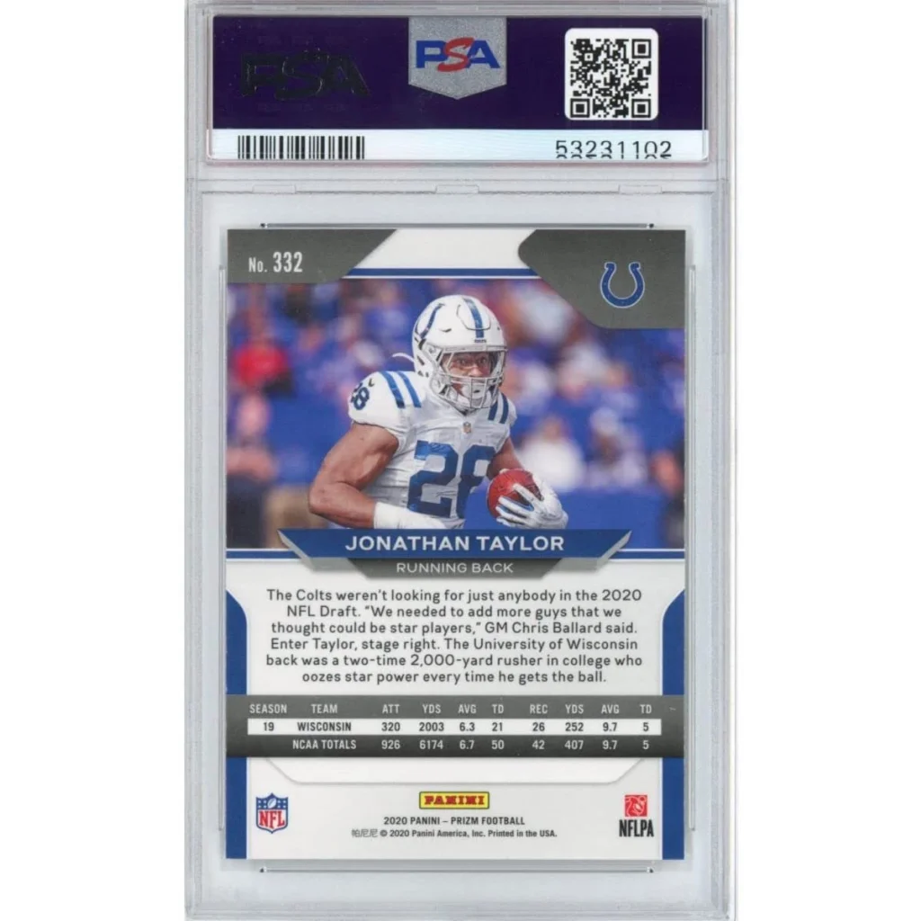 Graded PSA 10 gem mint 2020 Panini Prizm Jonathan Taylor rookie RC card