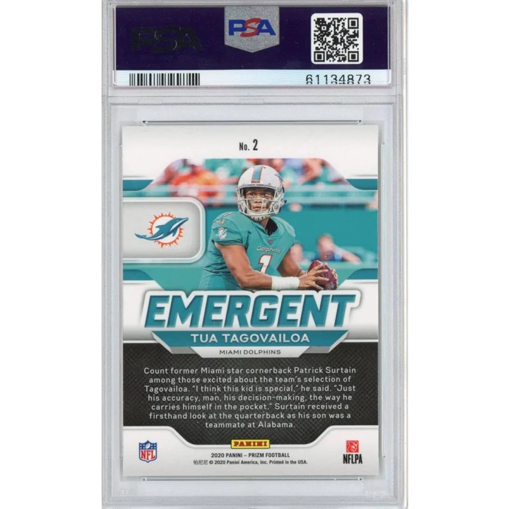 Graded 2020 Panini Prizm Tua Tagovailoa #2 Emergent Rookie RC Football Card PSA 10 Gem Mint | PSA 10 Gem Mint Graded Rookie Card | vintageantiquesgifts.com
