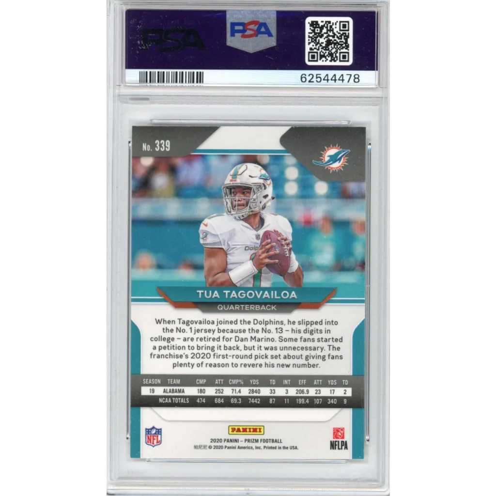 A graded Tua Tagovailoa 2020 Panini Prizm rookie football card in PSA case