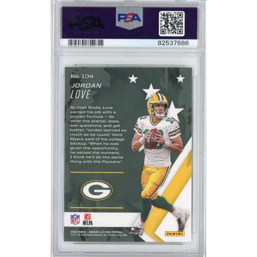 PSA graded Jordan Love rookie football card displayed on a shelf