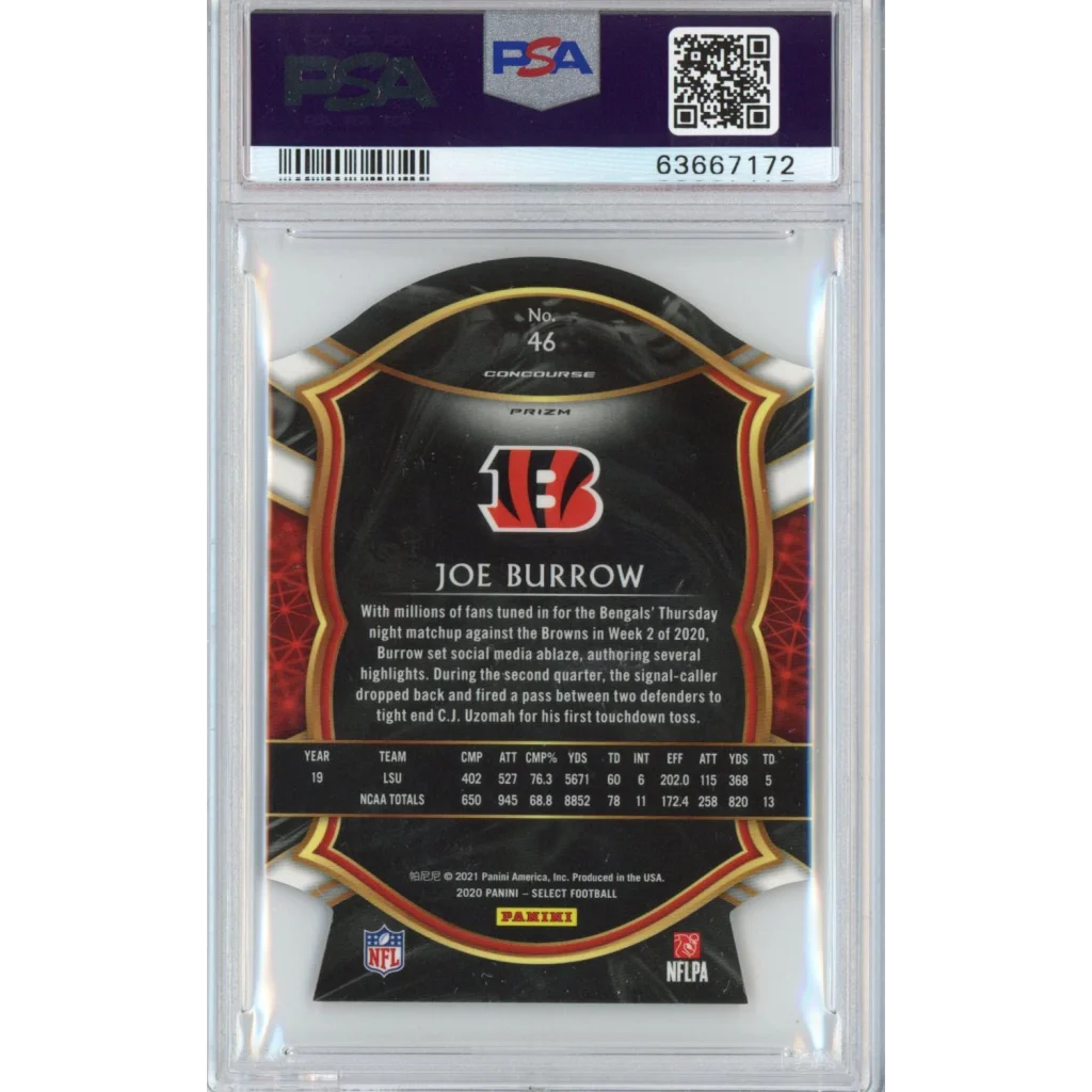 Graded PSA 10 Joe Burrow 2020 Panini Select Red Prizm Rookie Card in Black and Gold Slab