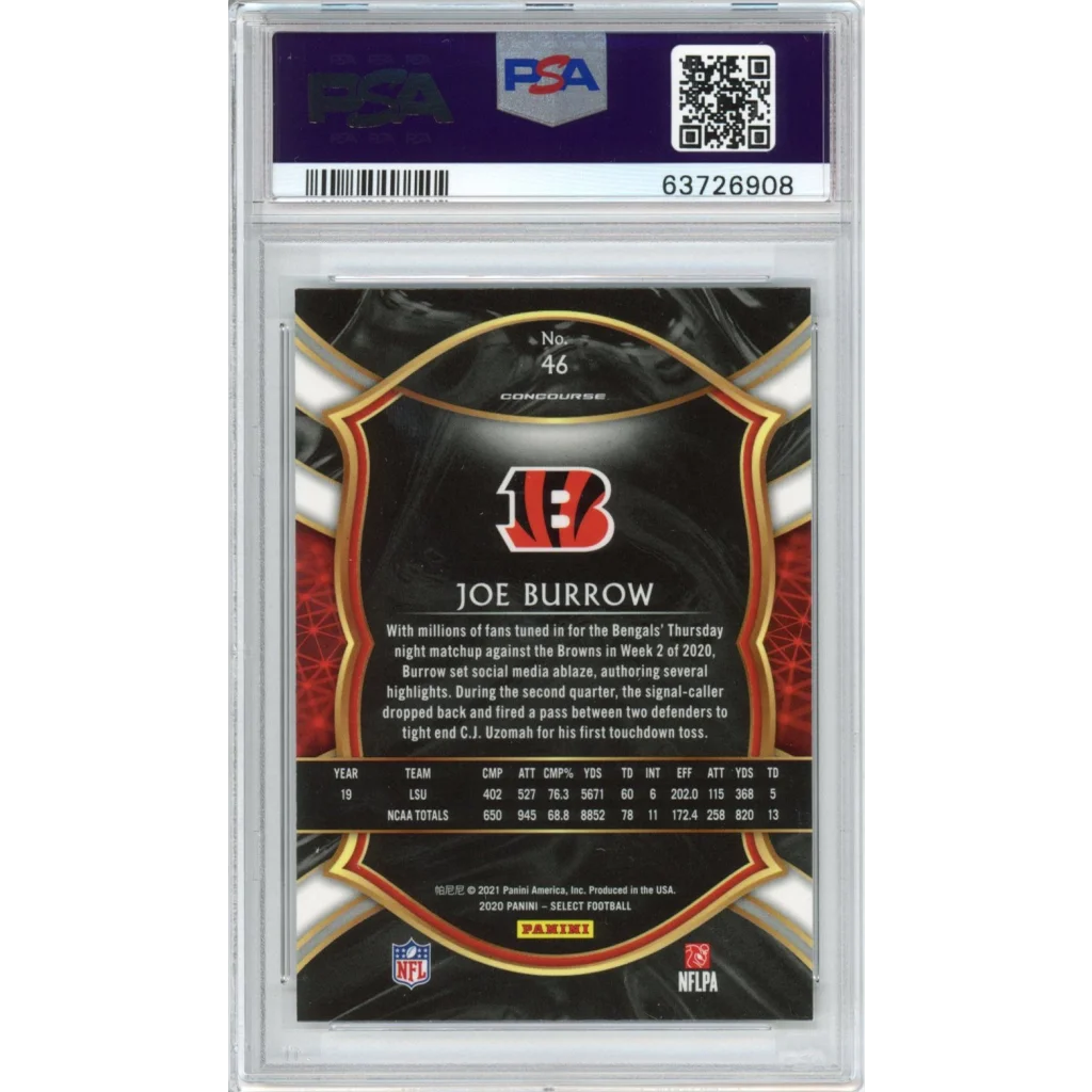 Graded 2020 Panini Select Joe Burrow #46 Rookie RC Football Card PSA 10 Gem Mint | PSA 10 Gem Mint Graded Rookie Card | vintageantiquesgifts.com
