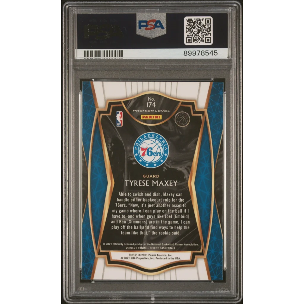 A graded 2020-21 Panini Select Tyrese Maxey Blue Retail Basketball Card