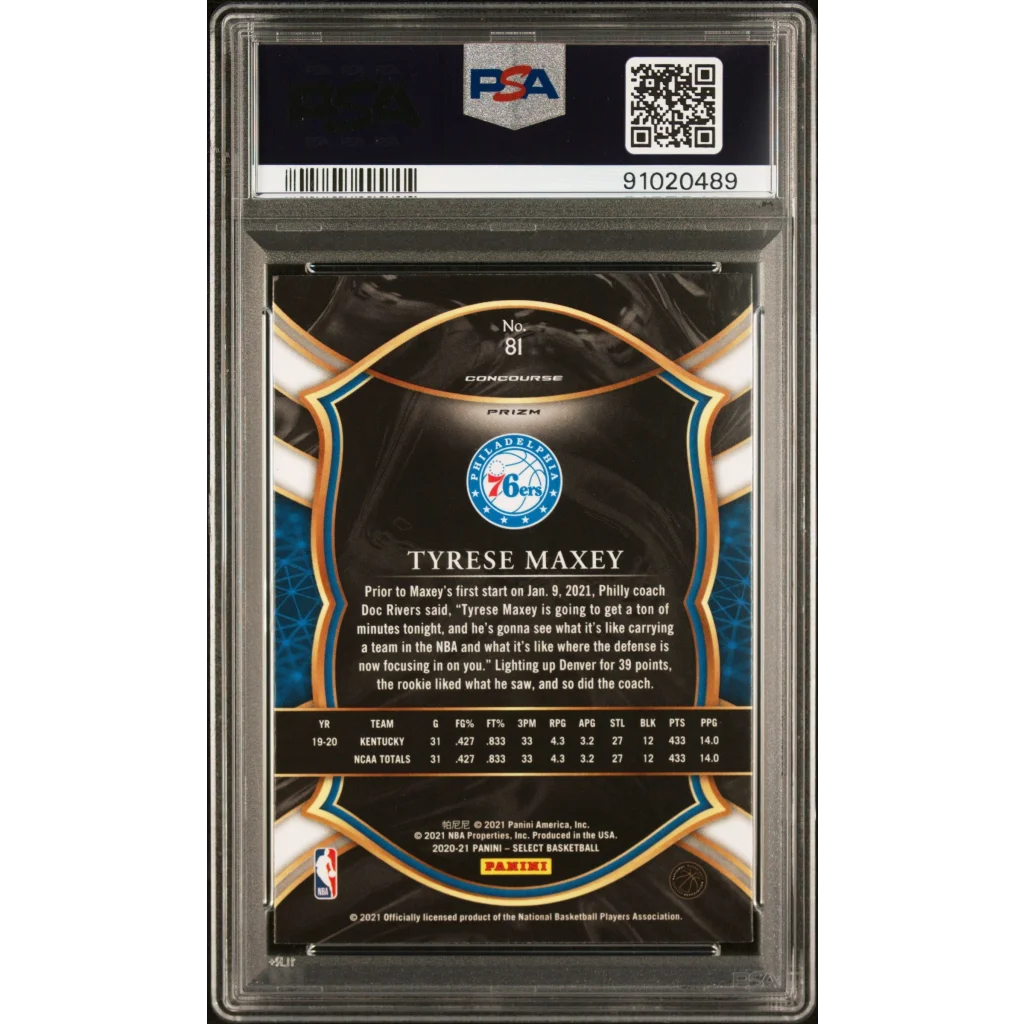 A graded Tyrese Maxey Silver Prizm Rookie Card ready to score on display