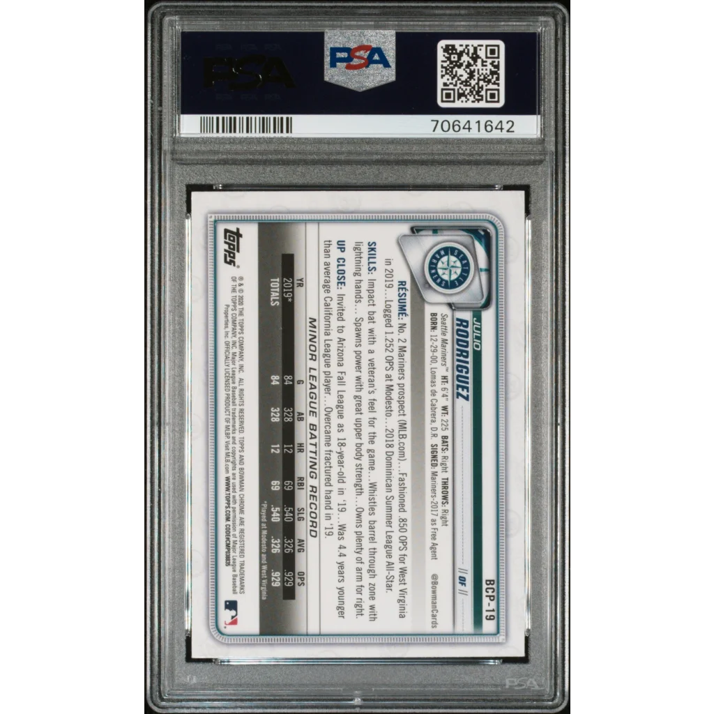 PSA 10 Julio Rodriguez 2020 Bowman Chrome baseball trading card in protective slab