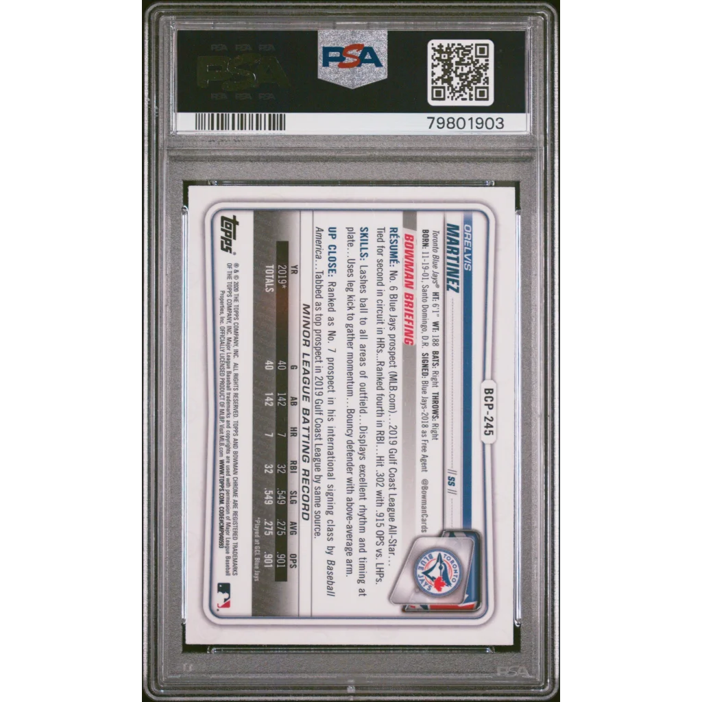 Baseball trading card PSA 10 Gem Mint Orelvis Martinez 2020 Bowman Chrome Rookie Card in case