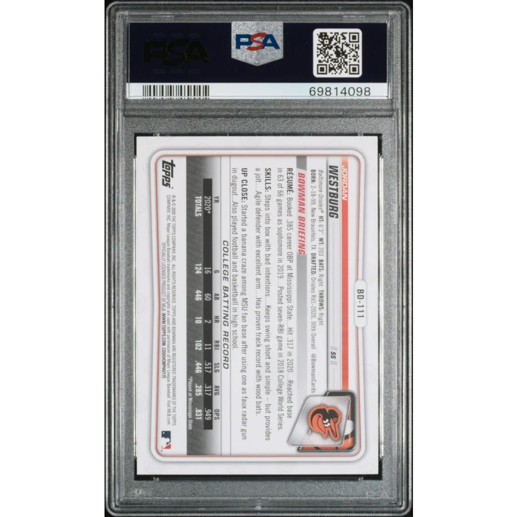PSA Graded 2020 Bowman Draft Jordan Westburg Baseball Card in protective slab by professional sports authenticator