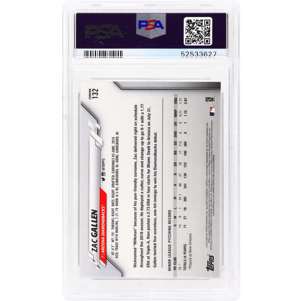 Graded PSA 10 Zac Gallen 2020 Topps Chrome GEM MINT Baseball Card on display