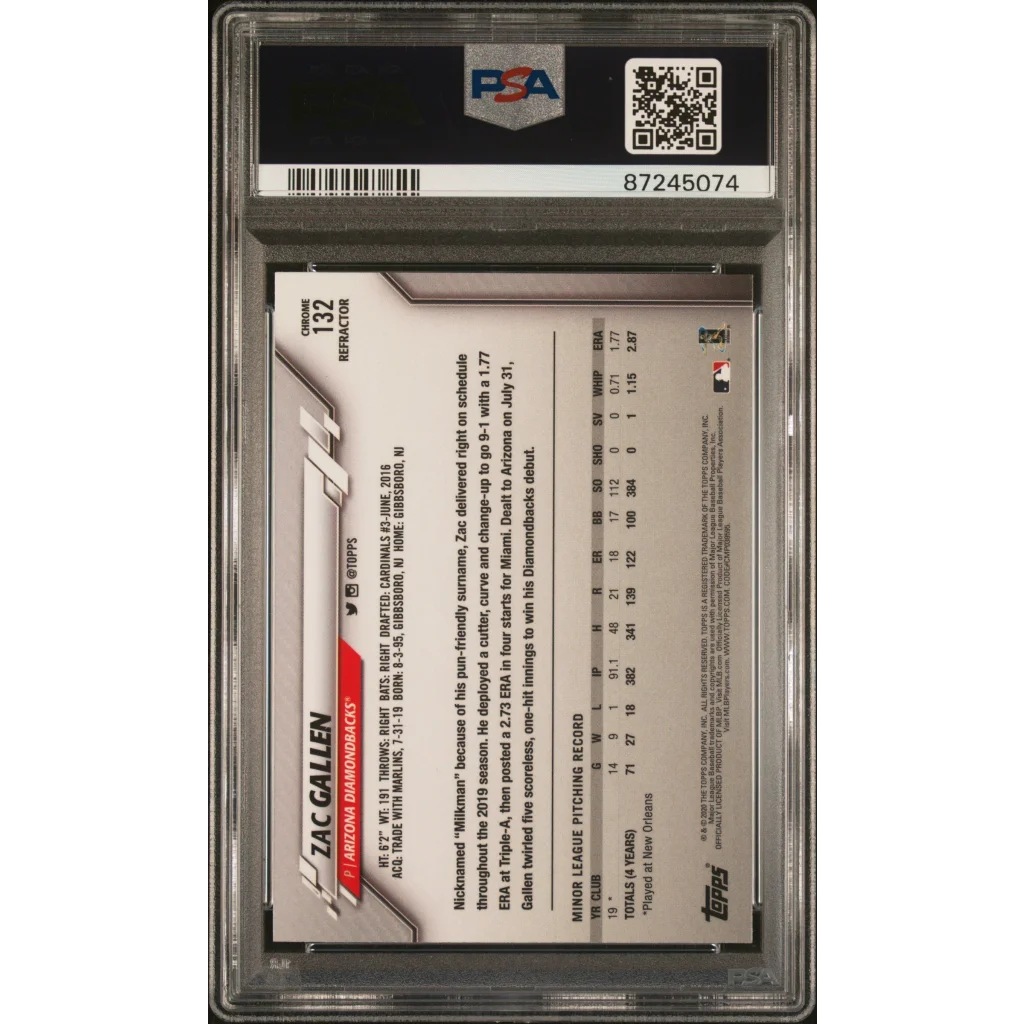 Graded 2020 Topps Chrome Zac Gallen #132 Xfractor Rookie RC Baseball Card PSA 10 Gem Mint | PSA 10 Gem Mint Graded Rookie Card | vintageantiquesgifts.com