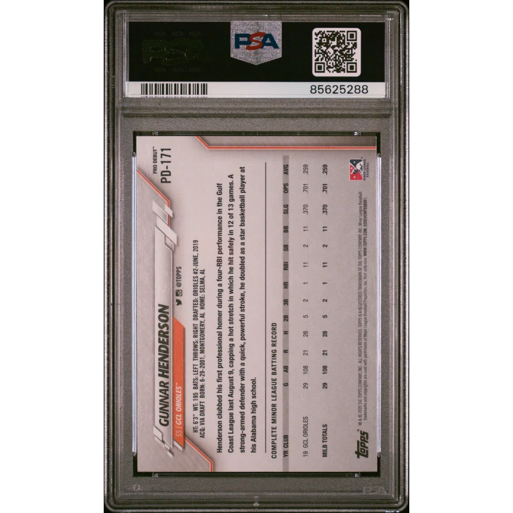 Graded Gunnar Henderson baseball card from Topps Pro Debut featuring Pro Debut Gunnar