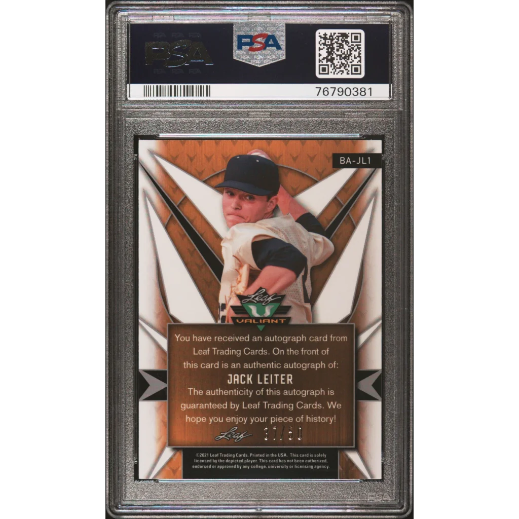 Graded 2021 Leaf Valiant Jack Leiter #BAJL1 Autograph Purple #/50 Rookie RC Baseball Card PSA 10 Gem Mint | PSA 10 Gem Mint Graded Rookie Card | vintageantiquesgifts.com
