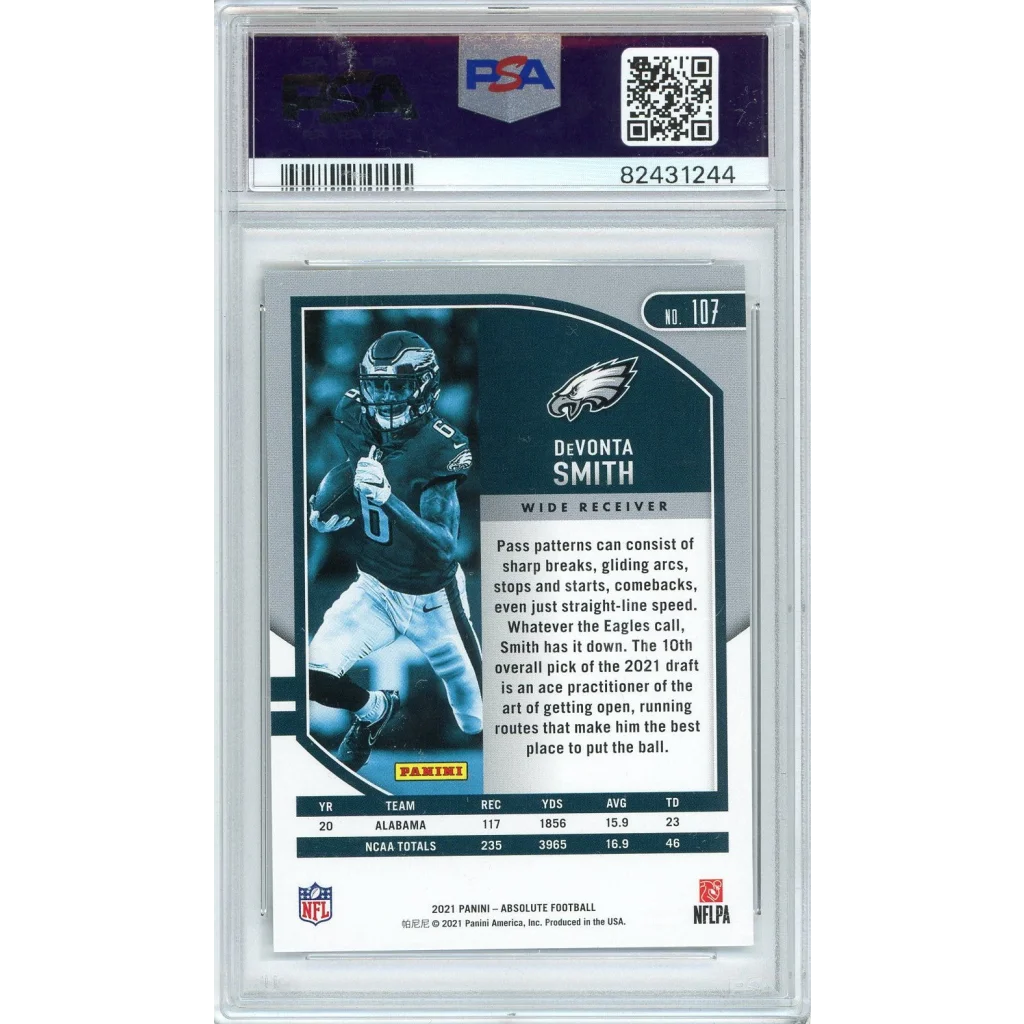 Silver-bordered graded 2021 panini absolute devonta smith rookie football card psa 10 gem mint in eagles uniform