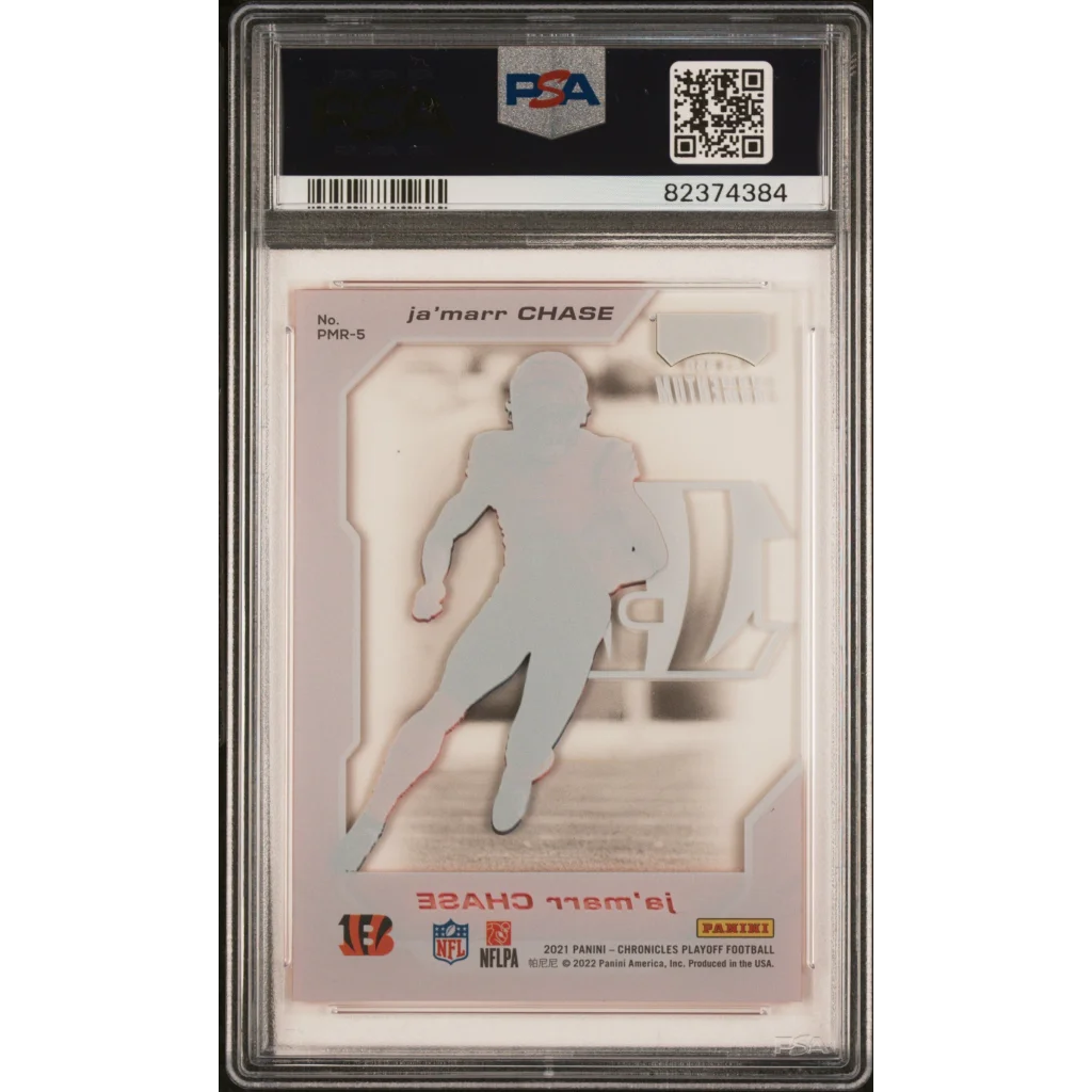 Graded Ja’Marr Chase 2021 Playoff Momentum Rookie Card in protective case, PSA 10 gem mint
