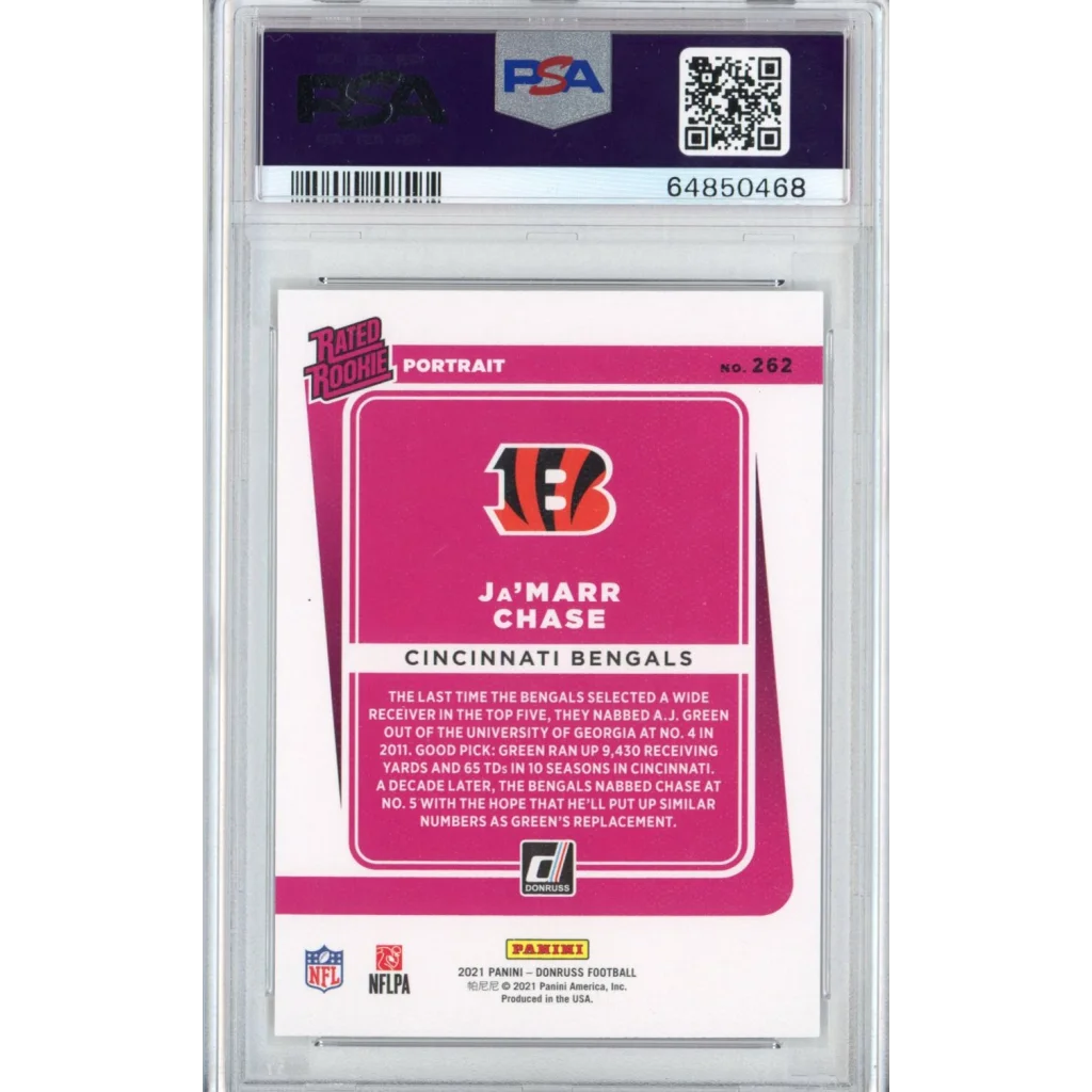 Graded PSA 10 Ja’Marr Chase Cincinnati Bengals rookie football trading card in mint condition
