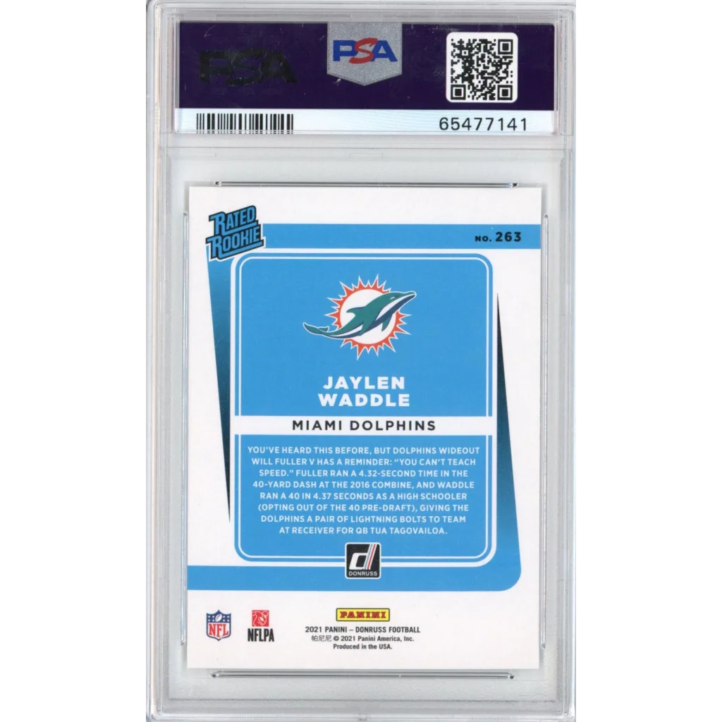 A graded Jaylen Waddle Miami Dolphins rookie card by Professional Sports Authenticator