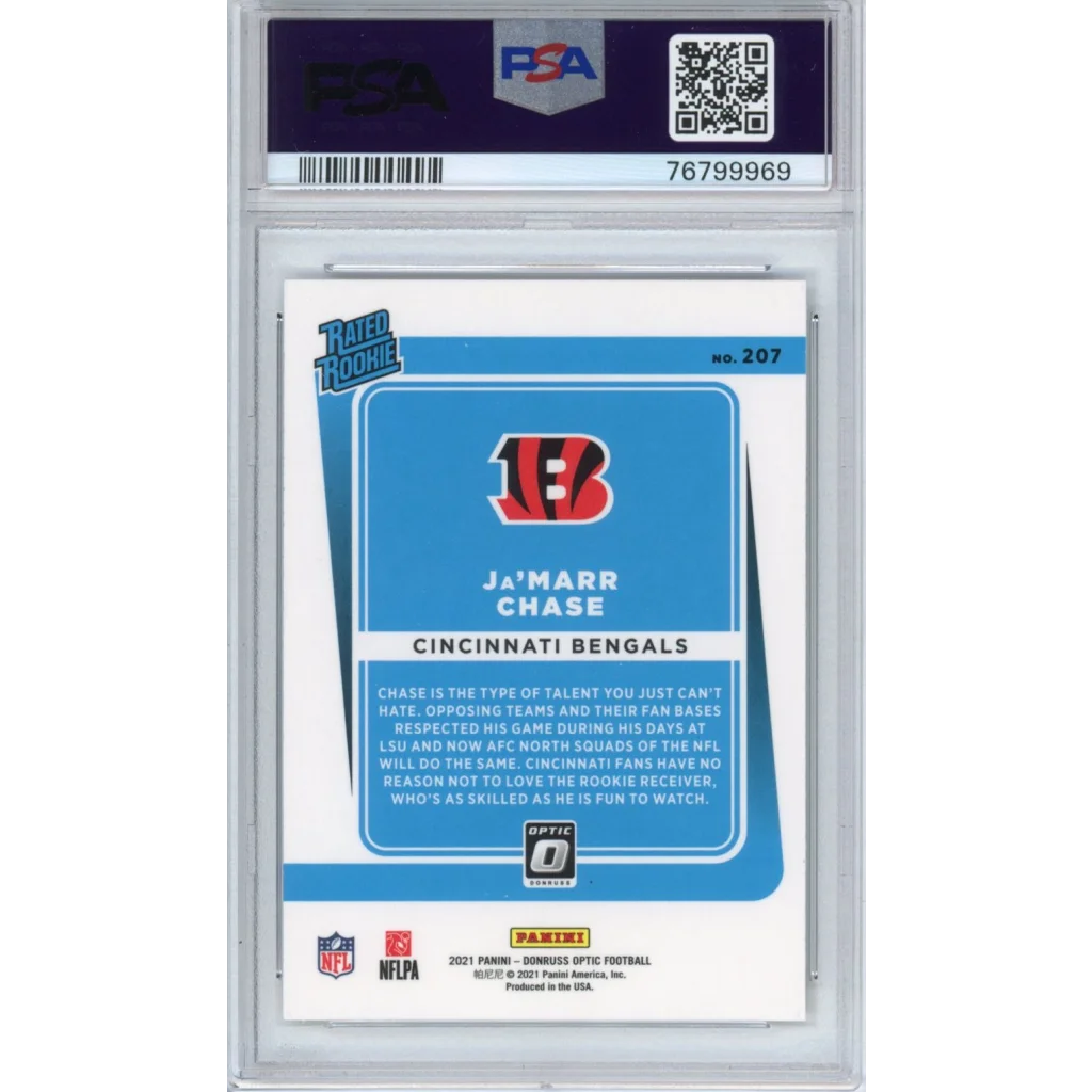 Graded 2021 Panini Donruss Optic Ja'Marr Chase #207 Rookie RC Football Card PSA 10 Gem Mint | PSA 10 Gem Mint Graded Rookie Card | vintageantiquesgifts.com