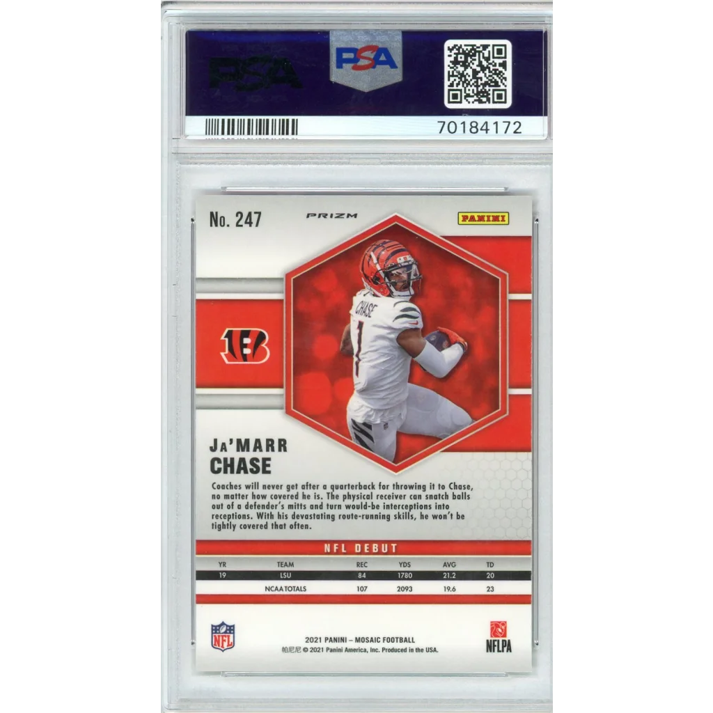 Graded 2021 Panini Mosaic Ja'Marr Chase #247 Reactive Orange Rookie RC Football Card PSA 10 Gem Mint | PSA 10 Gem Mint Graded Rookie Card | vintageantiquesgifts.com