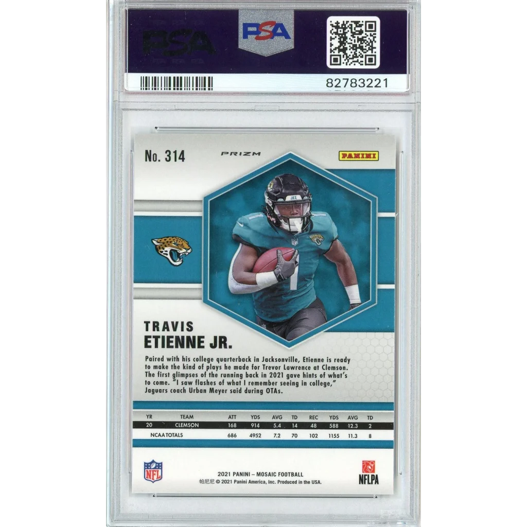 Graded Travis Etienne Jr 2021 Mosaic Camo Pink Football Card in PSA case