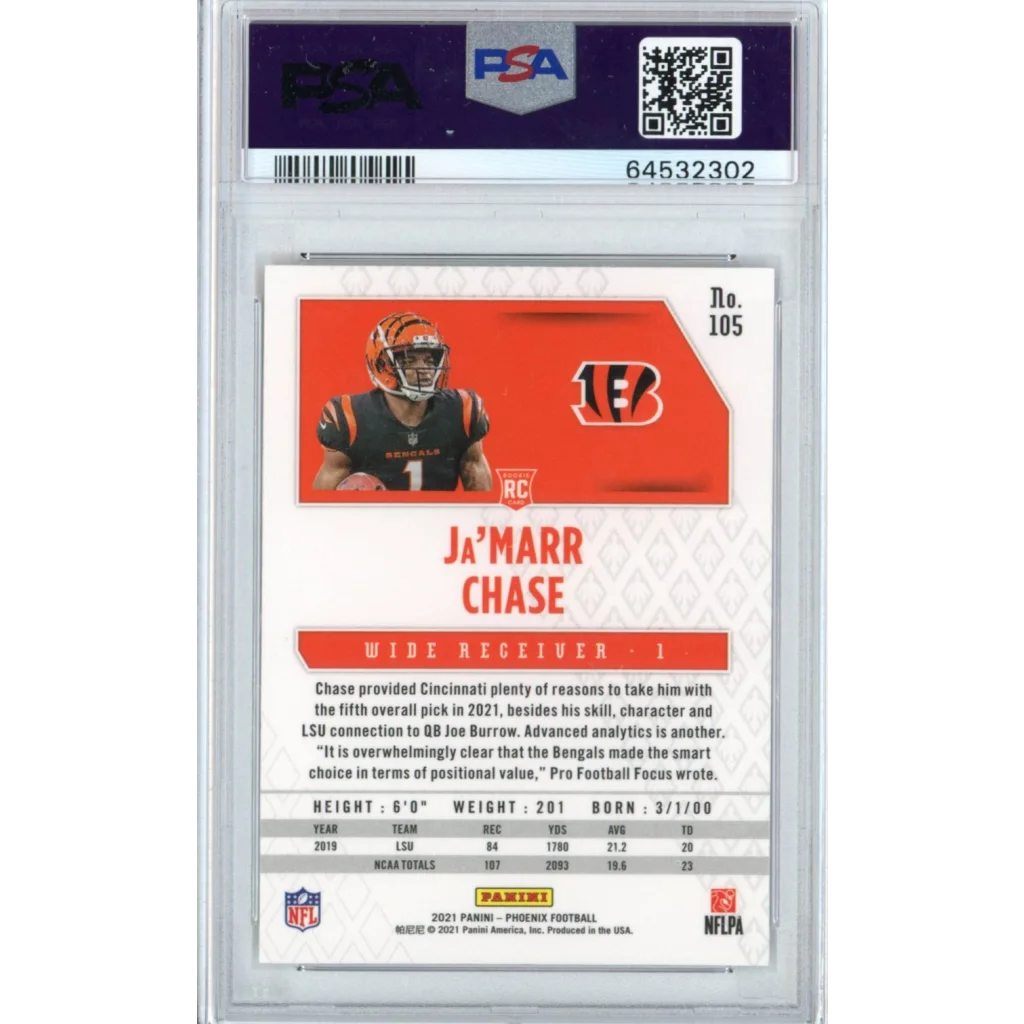 Graded 2021 Panini Phoenix Ja'Marr Chase #105 Fire Burst Rookie RC Football Card PSA 10 Gem Mint | PSA 10 Gem Mint Graded Rookie Card | vintageantiquesgifts.com