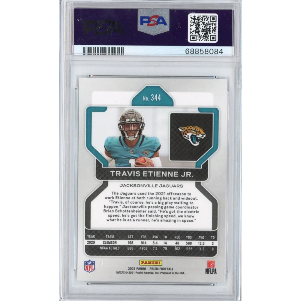 Graded PSA 10 GEM MINT Travis Etienne Jr 2021 Panini Prizm football card