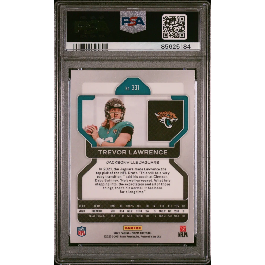 A graded 2021 Trevor Lawrence Panini Prizm Rookie Card in PSA case