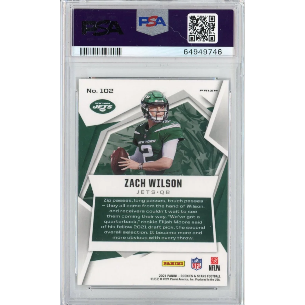 Graded Zach Wilson football sports card with PSA GEM MT 10 card authentication