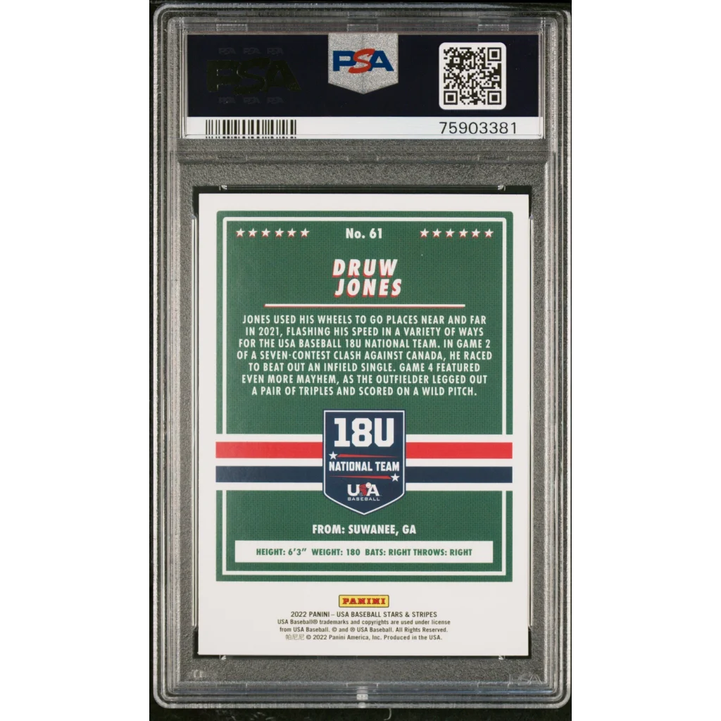 Graded 2021 Panini Stars & Stripes USA Druw Jones #61 Longevity Base Rookie RC Baseball Card PSA 10 Gem Mint | PSA 10 Gem Mint Graded Rookie Card | vintageantiquesgifts.com