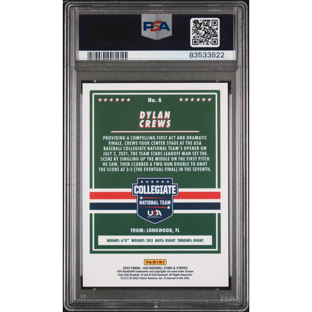 Graded 2021 Panini Stars & Stripes USA Dylan Crews #6 Longevity Base Rookie RC Baseball Card PSA 10 Gem Mint | PSA 10 Gem Mint Graded Rookie Card | vintageantiquesgifts.com