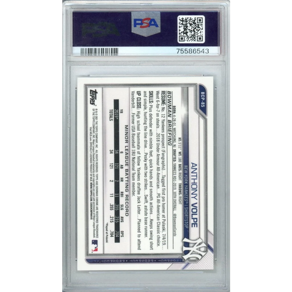 Graded 2021 Topps Bowman Anthony Volpe #BCP85 Chrome Prospects Rookie RC Baseball Card PSA 10 Gem Mint | PSA 10 Gem Mint Graded Rookie Card | vintageantiquesgifts.com