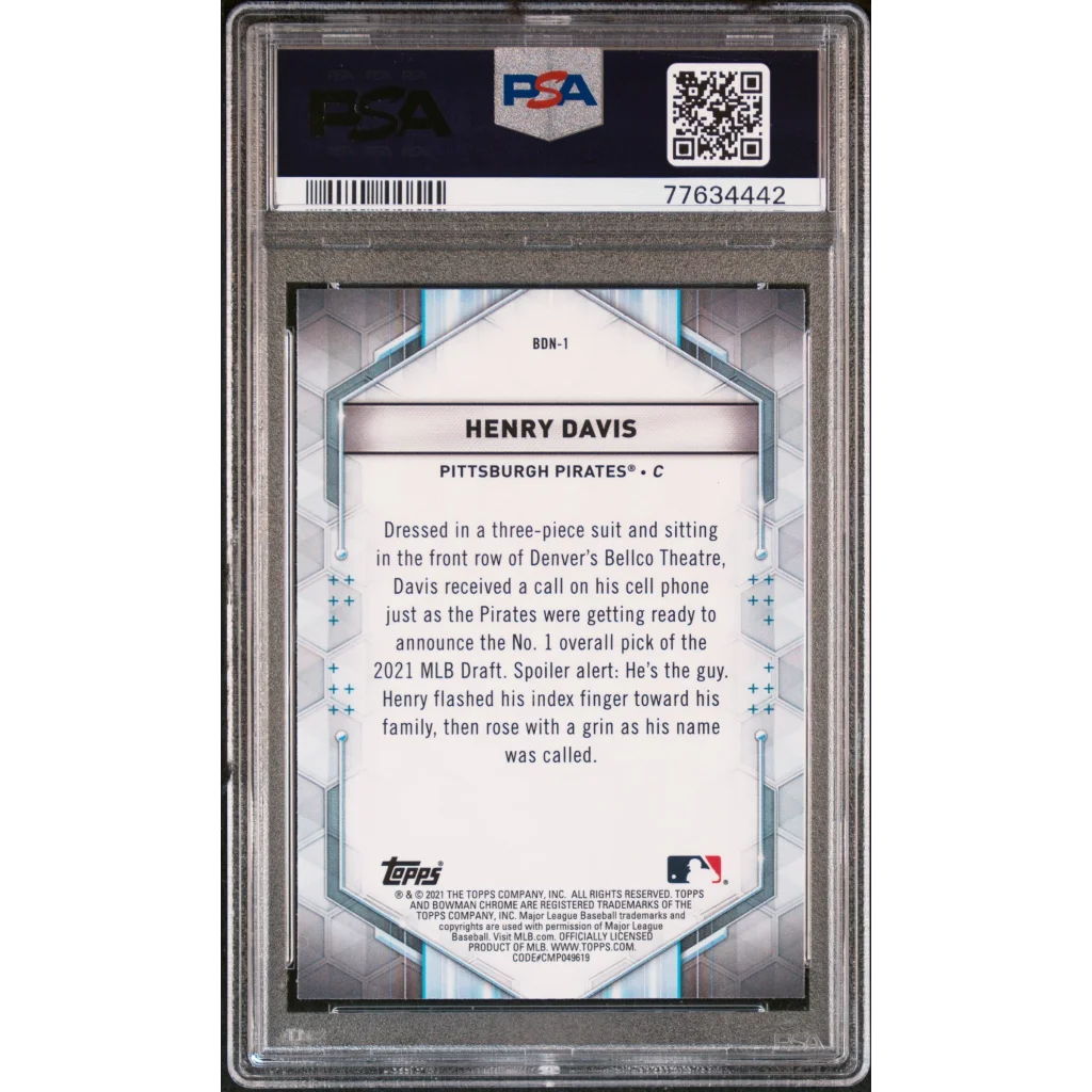 Graded 2021 Topps Bowman Draft Henry Davis #BDN1 Draft Night Rookie RC Baseball Card PSA 10 Gem Mint | PSA 10 Gem Mint Graded Rookie Card | vintageantiquesgifts.com