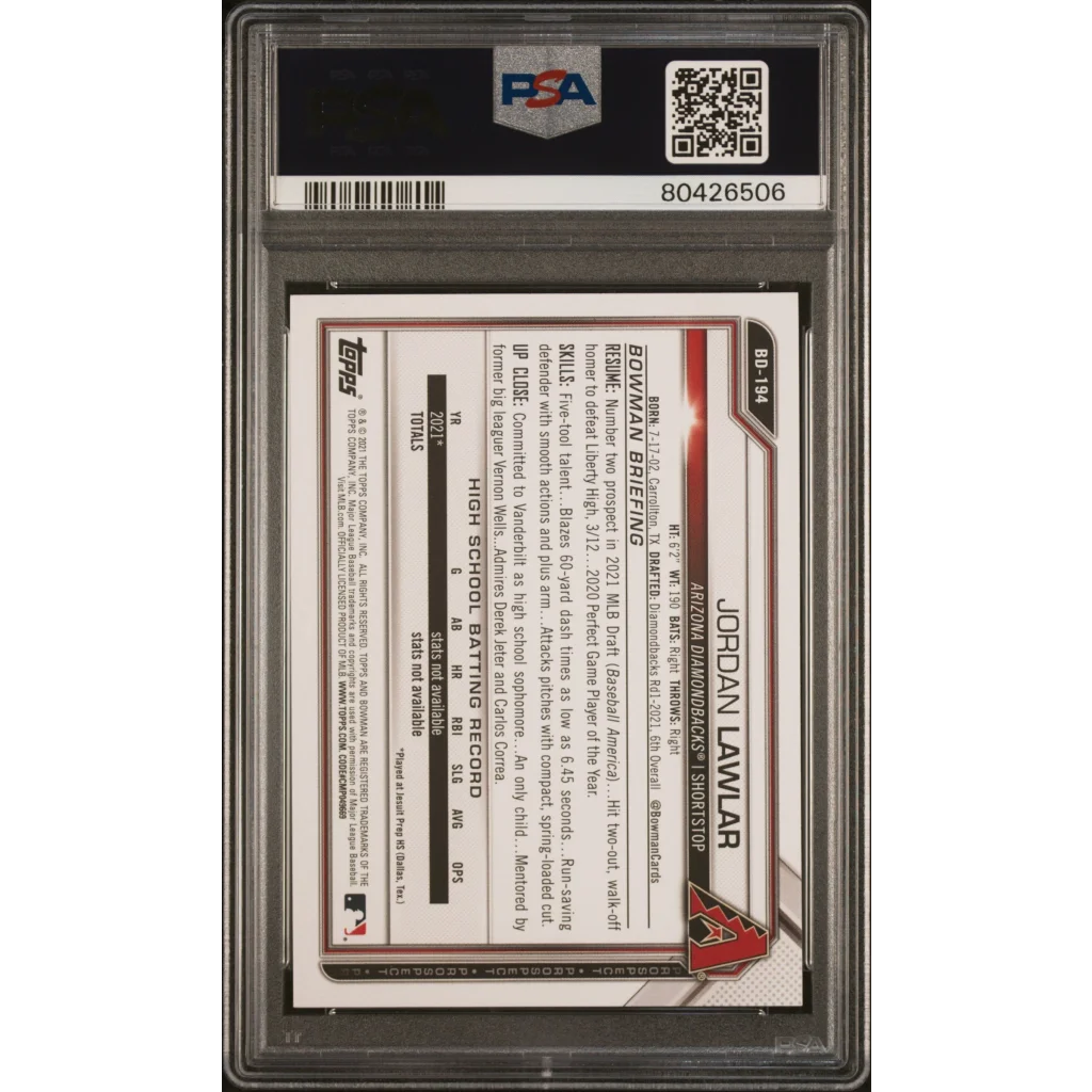 PSA Graded 2021 Bowman Draft Jordan Lawlar Baseball Card in protective case