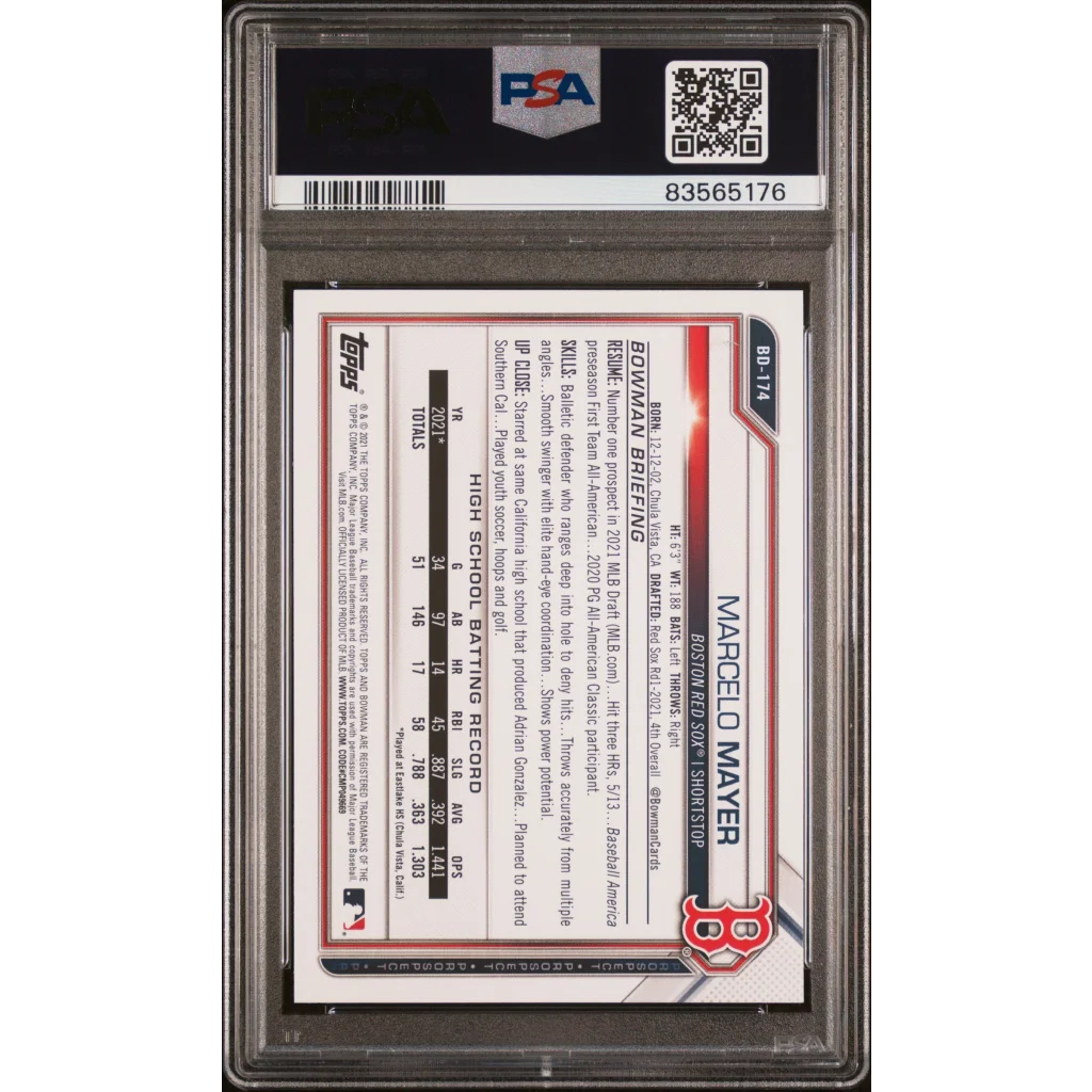 Graded PSA 10 Gem Mint 2021 Topps Bowman Draft Marcelo Mayer Rookie Card