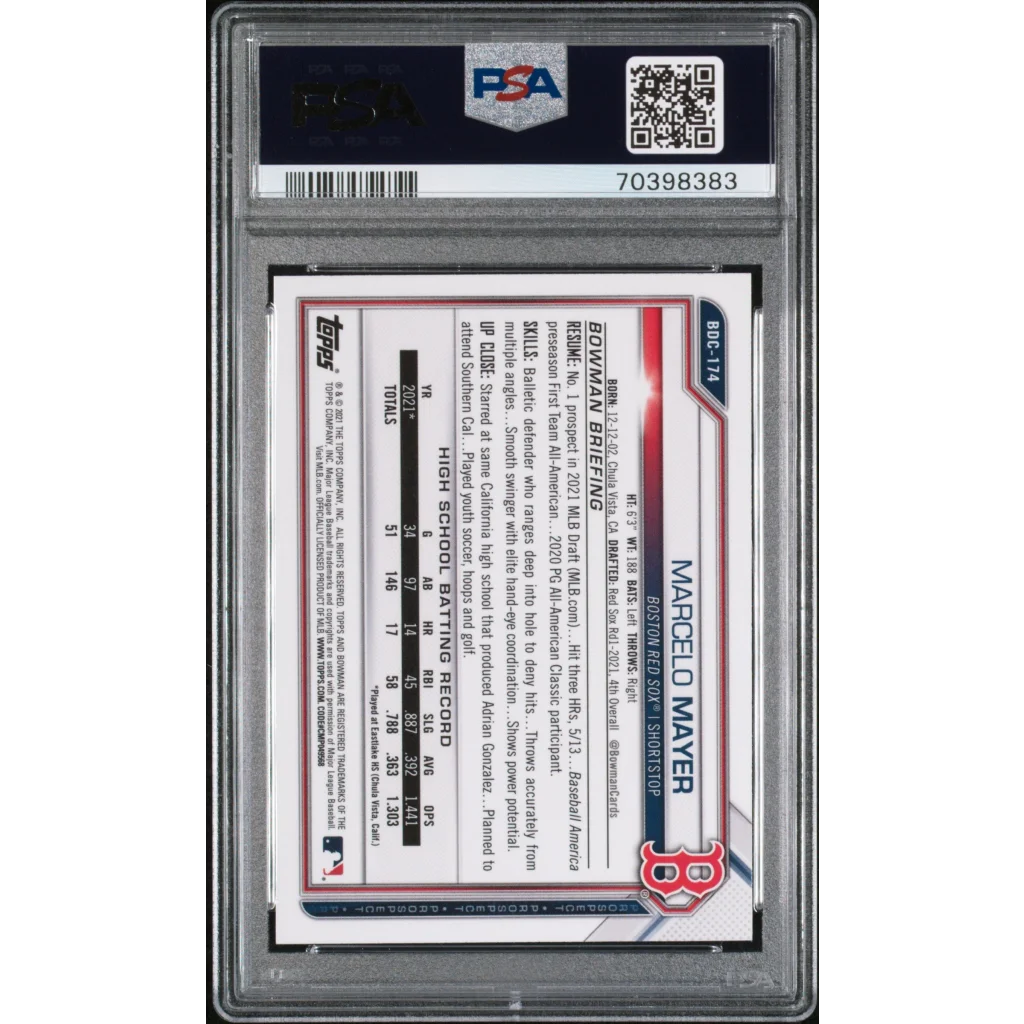 Graded 2021 Topps Bowman Draft Marcelo Mayer #BDC174 Chrome Rookie RC Baseball Card PSA 10 Gem Mint | PSA 10 Gem Mint Graded Rookie Card | vintageantiquesgifts.com