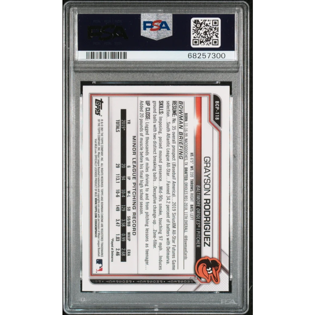 Graded Grayson Rodriguez 2021 Bowman Chrome Atomic Refractor baseball card in PSA case
