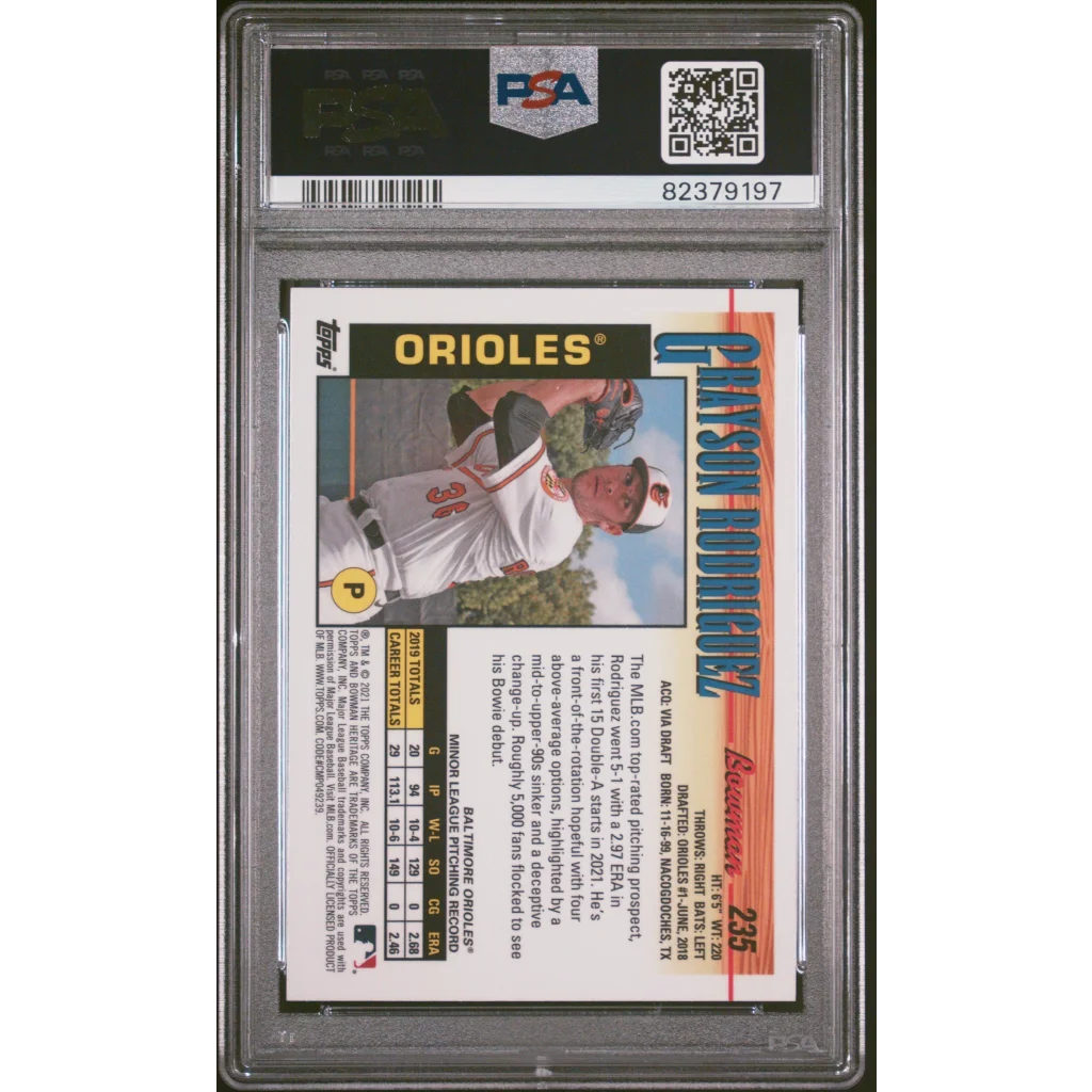 Graded 2021 Topps Bowman Heritage Grayson Rodriguez #235 Chrome Rookie RC Baseball Card PSA 10 Gem Mint | PSA 10 Gem Mint Graded Rookie Card | vintageantiquesgifts.com