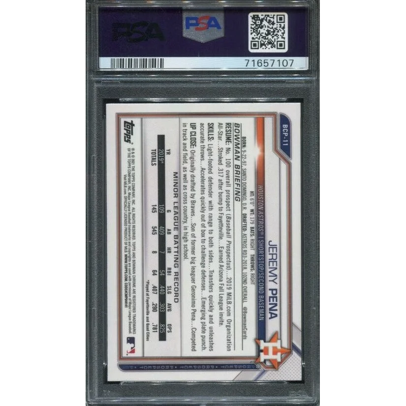 Graded 2021 Topps Bowman Jeremy Pena #BCP11 Chrome Prospects Rookie RC Baseball Card PSA 10 Gem Mint | PSA 10 Gem Mint Graded Rookie Card | vintageantiquesgifts.com