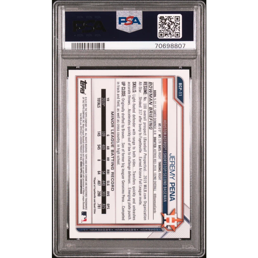 Graded 2021 Topps Bowman Sapphire Edition Jeremy Pena #BCP11 Chrome Prospects Rookie RC Baseball Card PSA 10 Gem Mint | PSA 10 Gem Mint Graded Rookie Card | vintageantiquesgifts.com