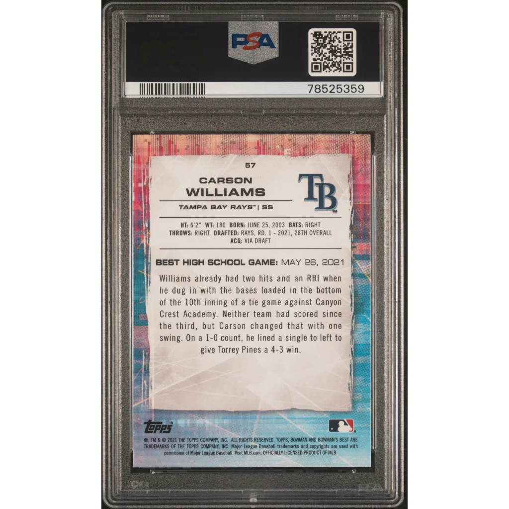 Graded 2021 Topps Bowmans Best Carson Williams #57 Atomic Refractor Rookie RC Baseball Card PSA 10 Gem Mint | PSA 10 Gem Mint Graded Rookie Card | vintageantiquesgifts.com