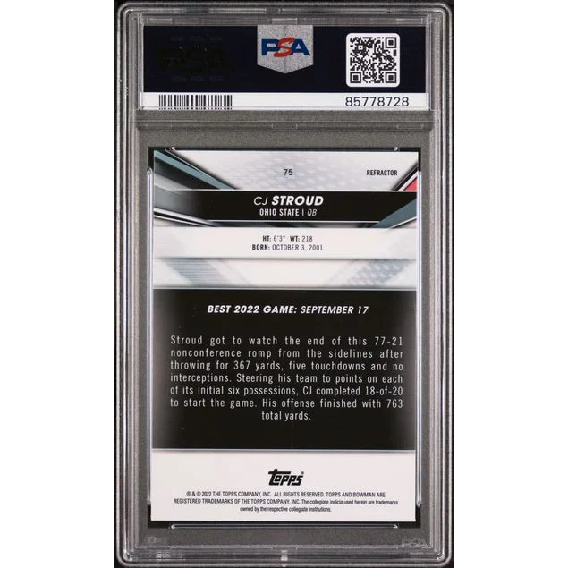 Graded 2022 Bowman Best University CJ Stroud #75 Refractor Rookie RC Football Card PSA 10 Gem Mint | PSA 10 Gem Mint Graded Rookie Card | vintageantiquesgifts.com
