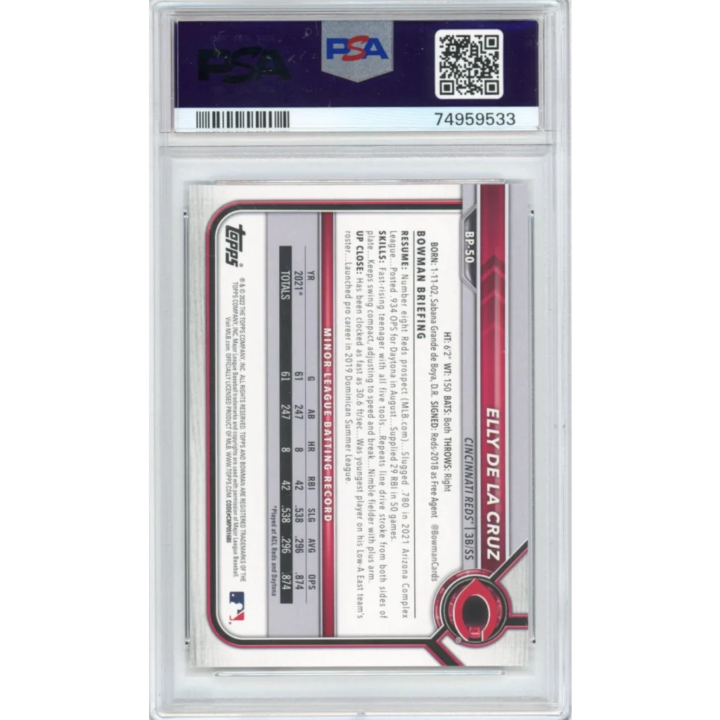 Graded 2022 Bowman Elly De La Cruz Baseball Card in PSA Treasure case