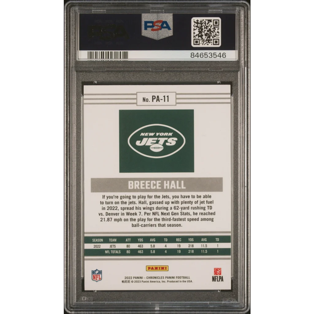 Graded 2022 Panini Chronicles Breece Hall #PA11 Panini Rookie RC Football Card PSA 10 Gem Mint | PSA 10 Gem Mint Graded Rookie Card | vintageantiquesgifts.com