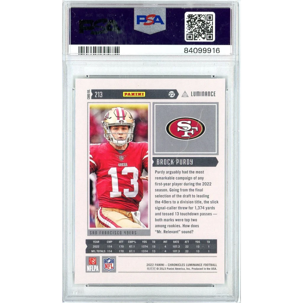 Graded PSA 10 Brock Purdy 2022 Chronicles Luminance Rookie Card GEM MINT