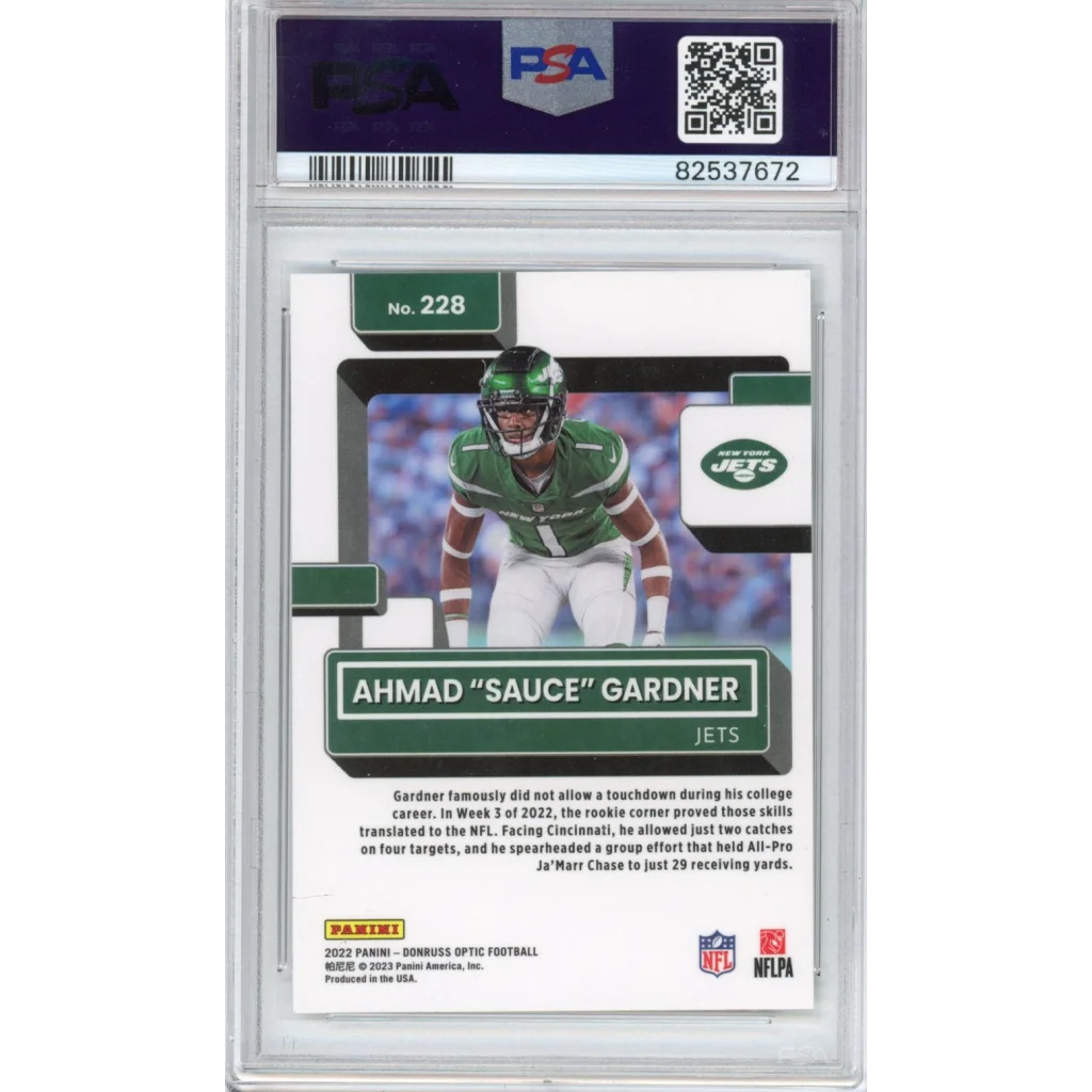 Graded 2022 Panini Donruss Optic Ahmad Sauce Gardner #228 Rookie RC Football Card PSA 9 Mint | PSA 9 Mint Graded Rookie Card | vintageantiquesgifts.com