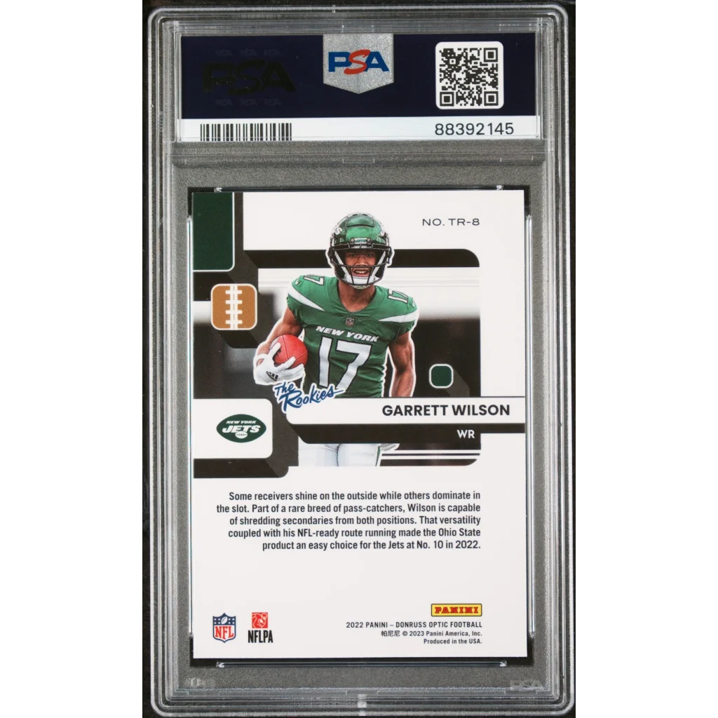 PSA graded Garrett Wilson rookie football card from 2022 Donruss Optic The Rookies