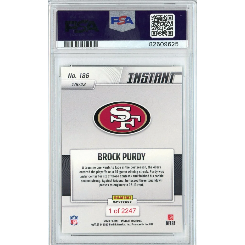 Gem Mint PSA graded Brock Purdy Panini Instant rookie card from 2023 NFL season