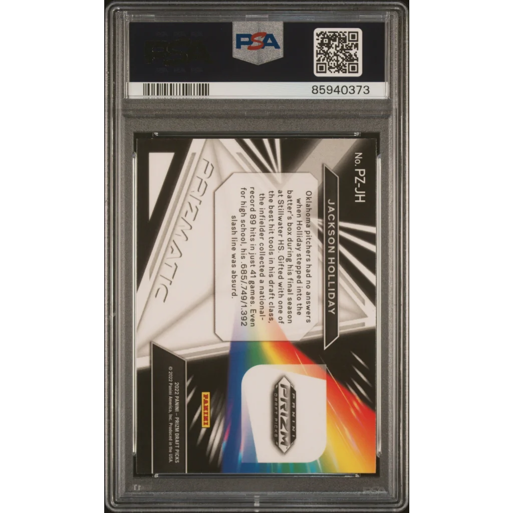 Graded 2022 Panini Prizm Draft Picks Jackson Holliday #PZJH Prizmatic Rookie RC Baseball Card PSA 10 Gem Mint | PSA 10 Gem Mint Graded Rookie Card | vintageantiquesgifts.com