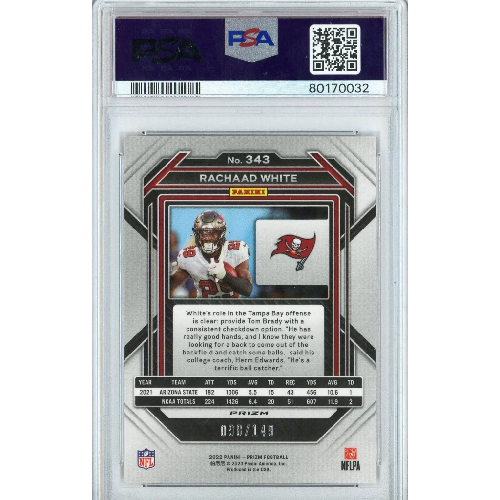 PSA graded Rachaad White 2022 Prizm Red Wave football card from professional sports authenticator