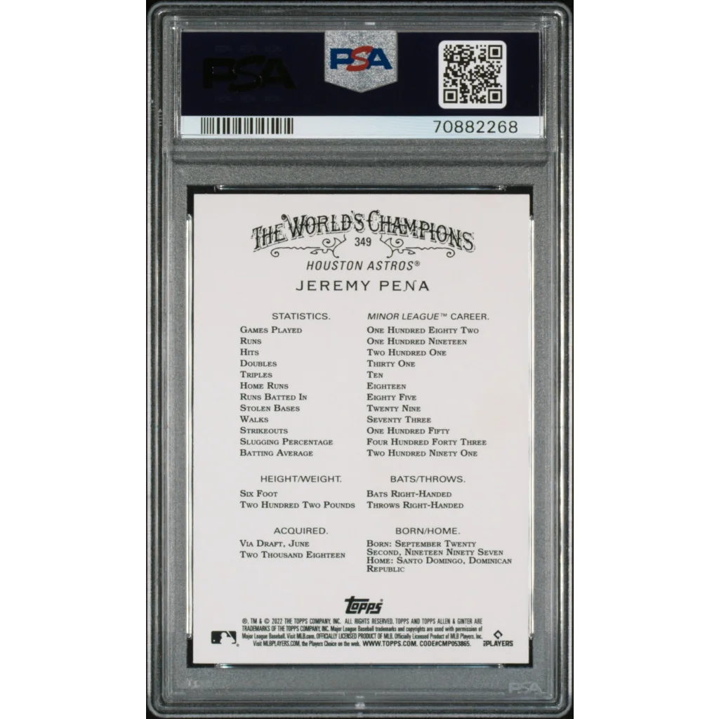 Graded 2022 Topps Allen & Ginter Jeremy Pena #349 Silver Portrait Rookie RC Baseball Card PSA 10 Gem Mint | PSA 10 Gem Mint Graded Rookie Card | vintageantiquesgifts.com